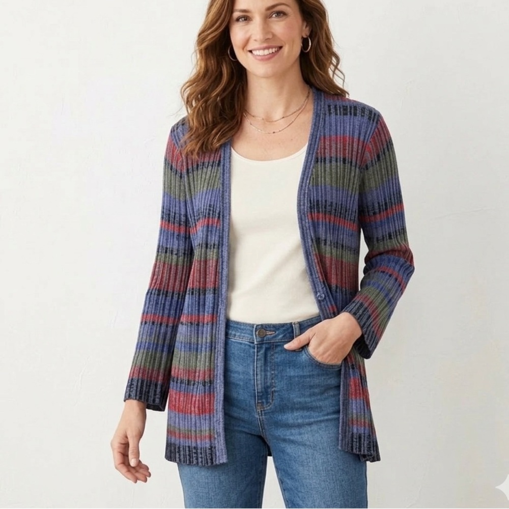 COLDWATER CREEK Textured Striped Cardigan Sweater Lightweight Women’s Medium